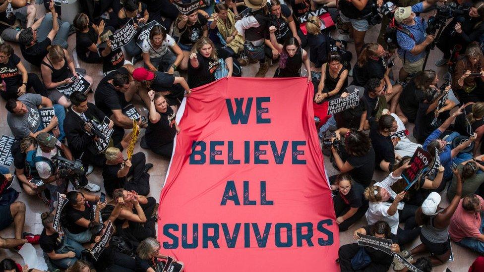 Protestors rally against Supreme Court nominee Judge Brett Kavanaugh in the atrium of the Hart Senate Office Building on Capitol Hill, 4 October, 2018 in Washington, DC