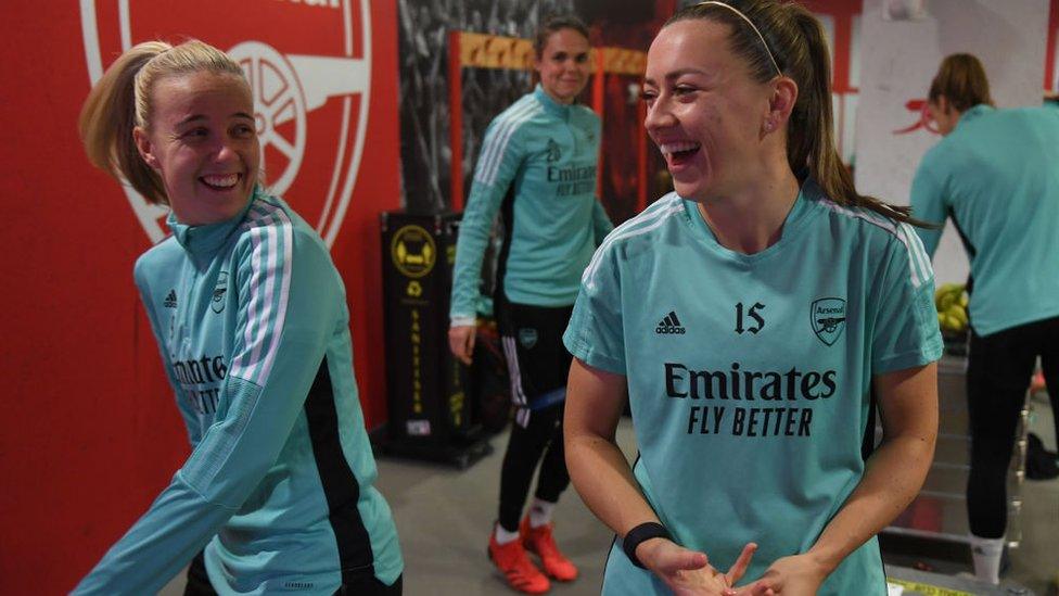 Beth Mead and Katie McCabe of Arsenal during the Arsenal Women's training session