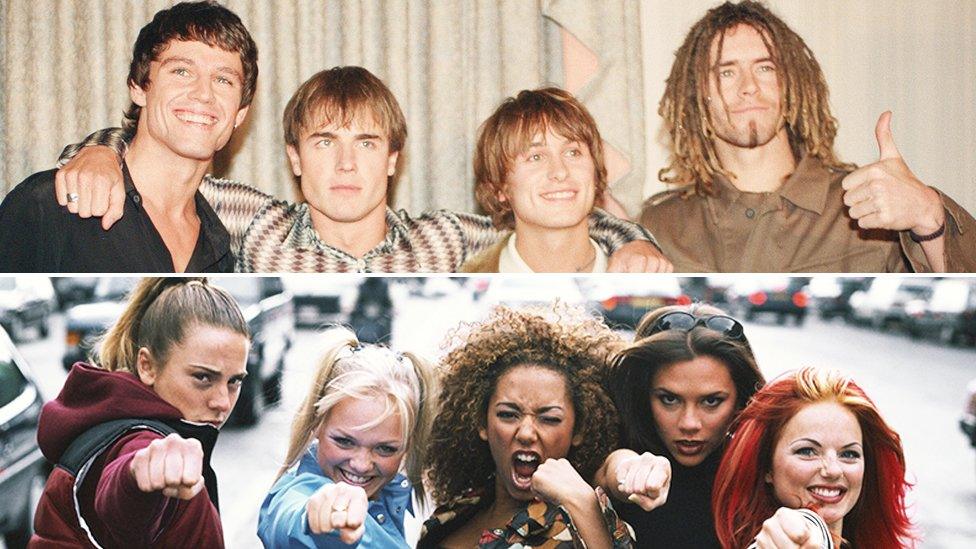 Split screen of Take That and the Spice Girls