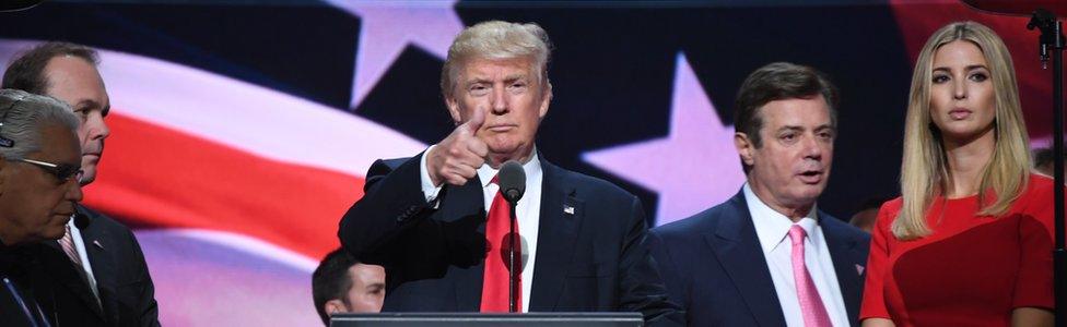 Rick Gates (second from left) and Paul Manafort (second from right) on stage with the Trumps, 21 July 2016