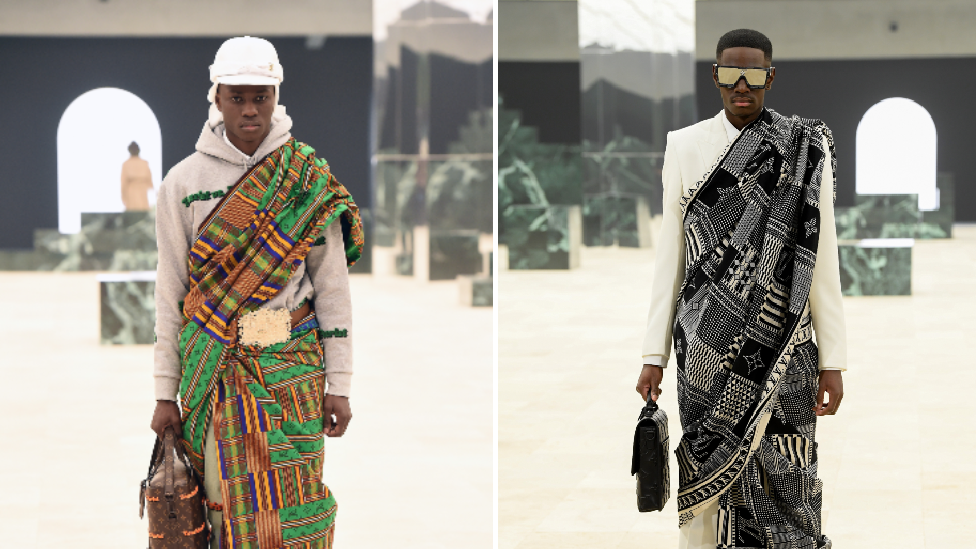 Composite of models wearing kente cloth