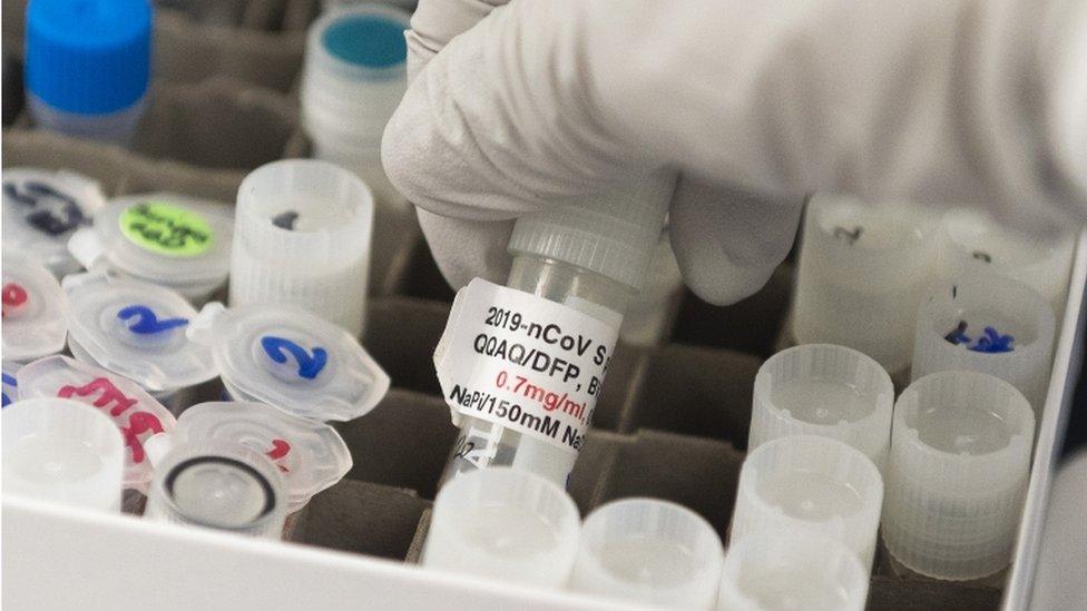 A doctor lifts a vial with a potential coronavirus vaccine at Novavax labs in Rockville, Maryland