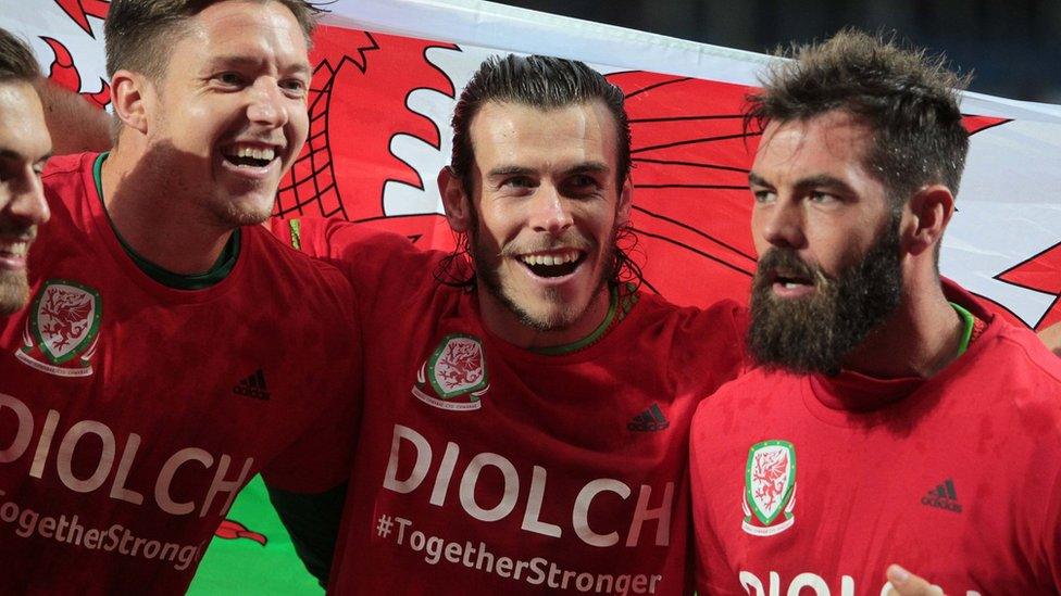 Gareth Bale (centre) with Wayne Hennessey and Joe Ledley