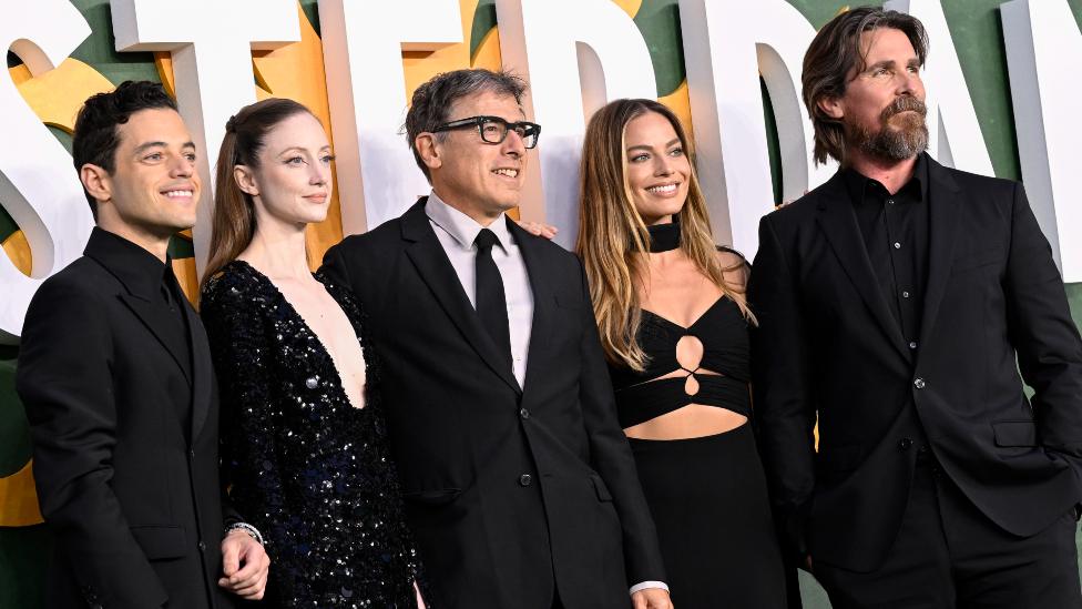 Rami Malek, Andrea Riseborough, David O. Russell, Margot Robbie and Christian Bale attend the European Premiere of 20th Century Studios and New Regency "Amsterdam" at Odeon Luxe Leicester Square on September 21, 2022 in London, England