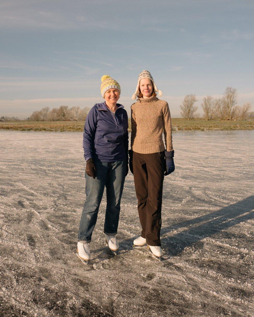 Fen skaters Natalia and Olga were photographed as they tried out fen skating for the first time