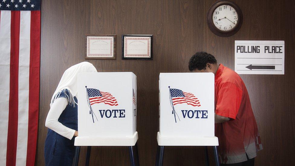 photograph shows two voters standing at booths choosing their candidates for an election