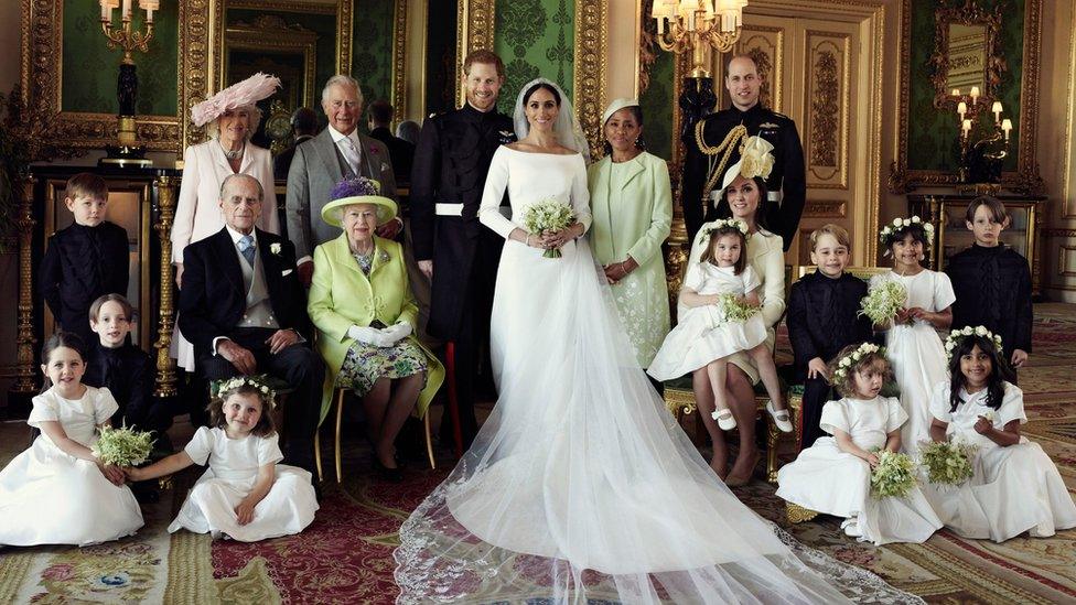 The Duke and Duchess of Sussex in The Green Drawing Room, Windsor Castle, with the Duchess of Cornwall, the Prince of Wales, Ms. Doria Ragland, The Duke of Cambridge; the Duke of Edinburgh, Queen Elizabeth II, the Duchess of Cambridge, Princess Charlotte and Prince George