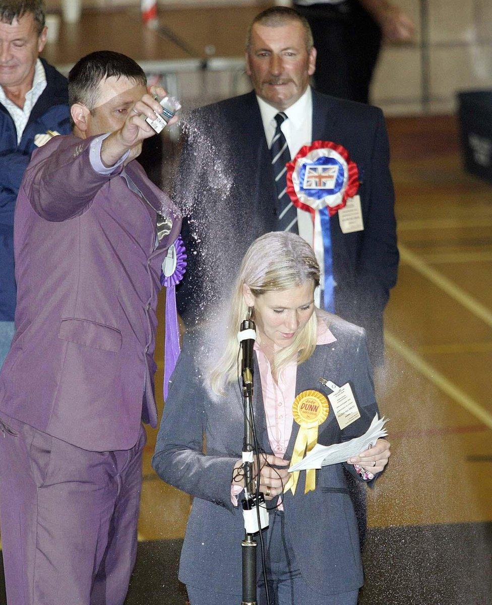 2004 Hartlepool by-election Liberal Democrat candidate Jody Dunn is covered with purple power by Fathers 4 Justice candidate Paul Watson