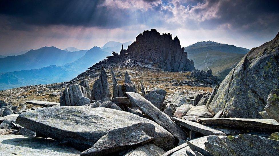 Near the Summit of Glyder Fach backed by Mount Snowdon