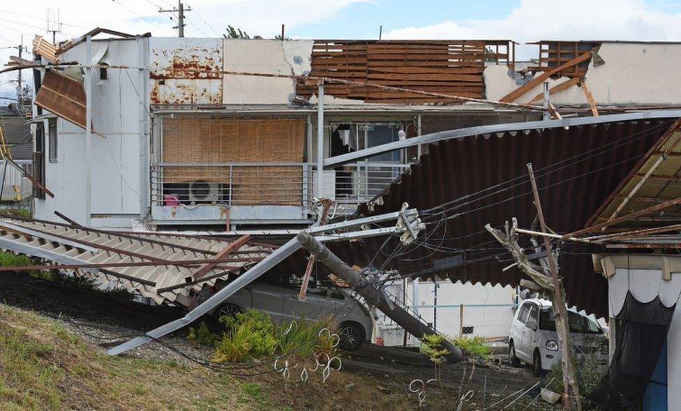 Damage to a residential apartment caused by Typhoon Jongdari is seen in Nara on July 29, 2018