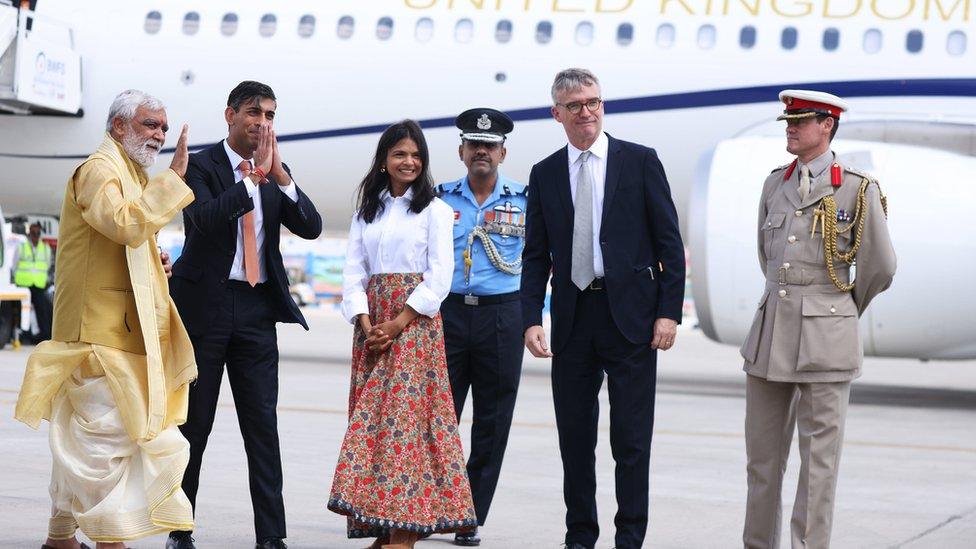 Rishi Sunak and his wife Akshata Murty arriving in Delhi