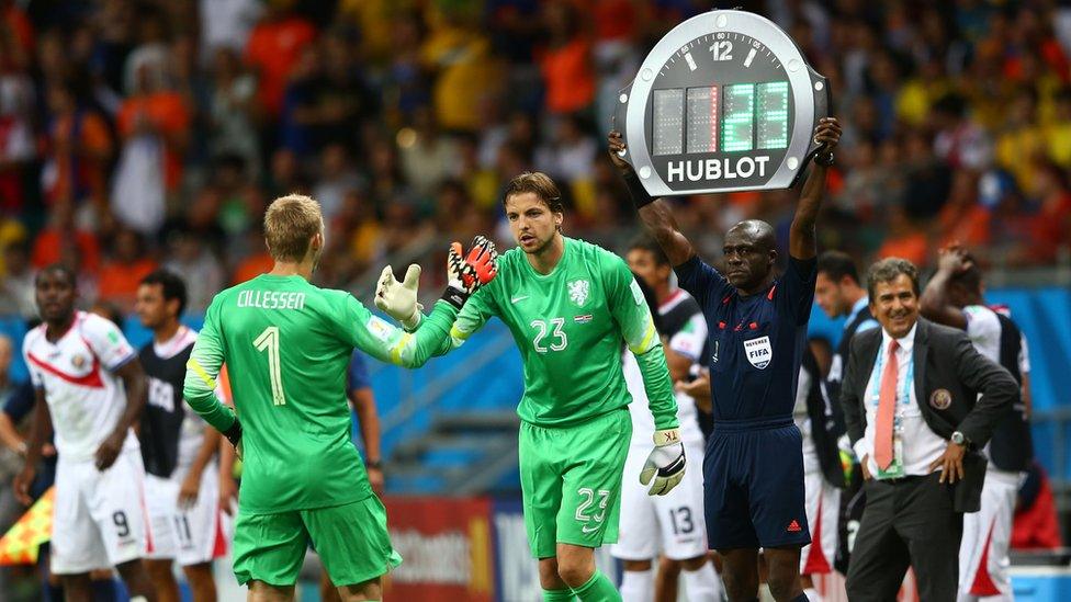 Dutch goalkeeper Tim Krul is brought on to face Costa Rica just before the quarter-final penalty shoot-out takes place in 2014