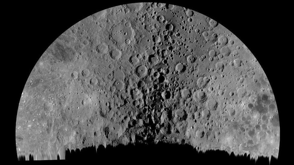 Above the Lunar South Pole This composite of images of the lunar south pole was created on two different dates.