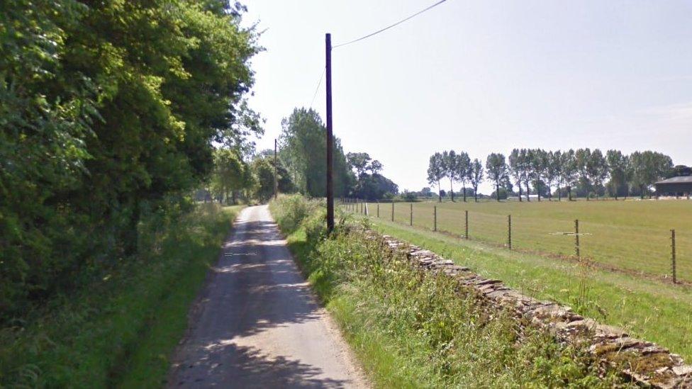 Single track rural road with fields either side in Chedglow