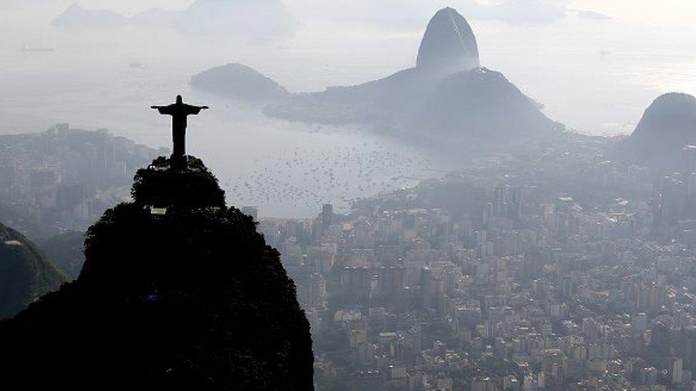 Aerial view of Christ the Redeemer, the Sugar Loaf and Guanabara Bay