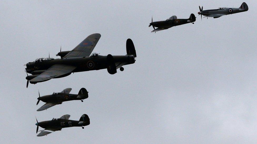 Aircraft from the Battle of Britain Memorial Flight are flown in an air display to mark the Flight's 60th Anniversary at RAF Coningsby