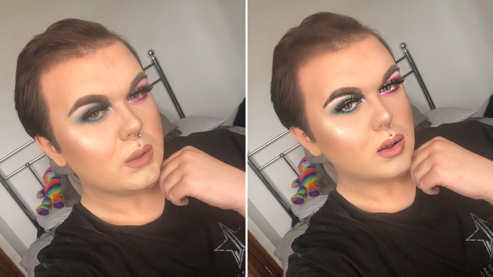 An unedited versus an edited selfie of Kieran Crump, using Facetune