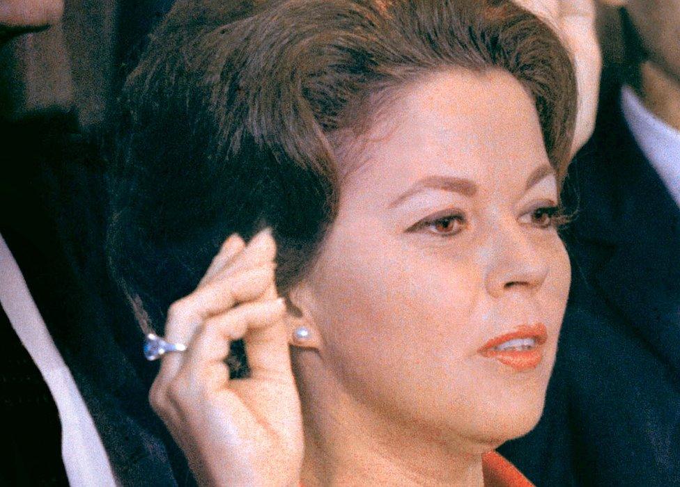 Shirley Temple Black raises her hand at the United Nations as she is sworn in as a U.N. delegate in September 1969.