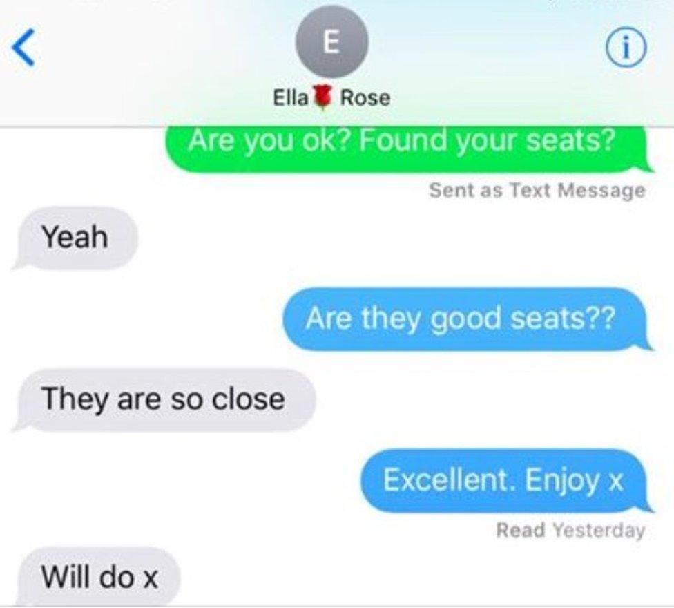 Ella and her mum shared text messages about the seats she had at the Ariana Grande concert