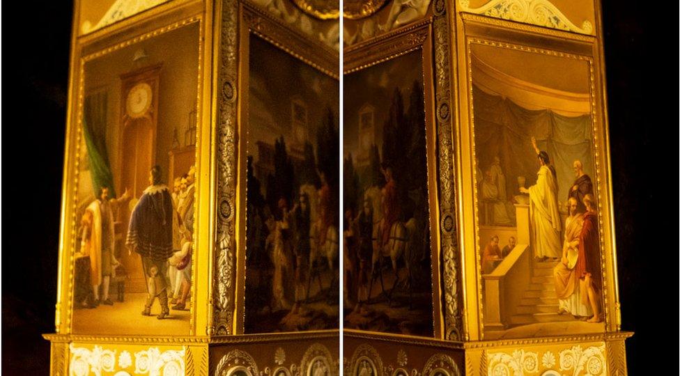 A composite image showing the two sides of a clock that have panel paintings