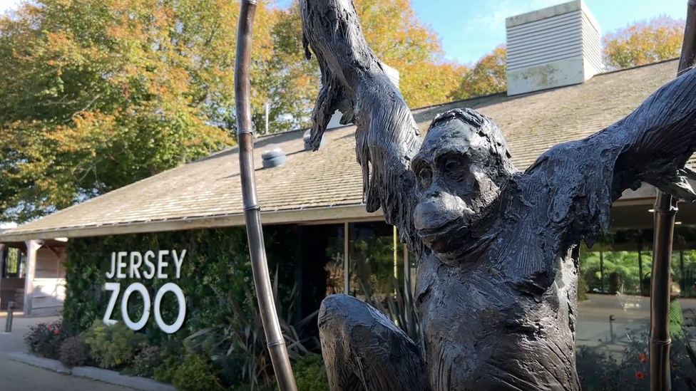 Entrance to Jersey Zoo monkey statue