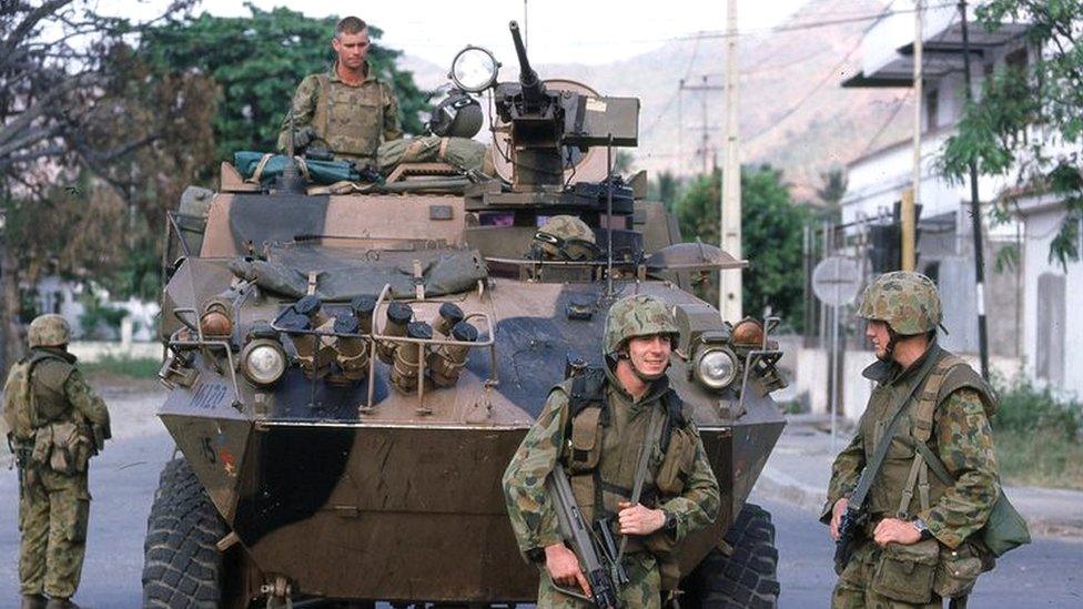 UN peacekeeping force on patrol Dili in 1999