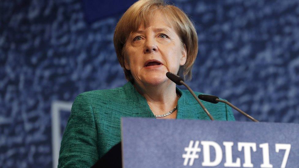 German Chancellor Angela Merkel at a meeting of the youth wing of her Christian Democrat party, 8 October 2017