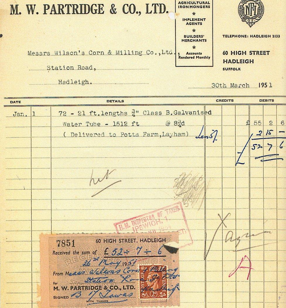 A 1951 Partridges invoice, to another local Hadleigh company, Wilson’s Corn & Milling Co