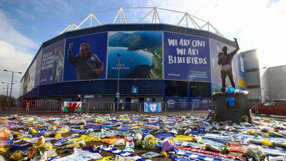 The area around Cardiff City's stadium covered in floral tributes to Emiliano Sala