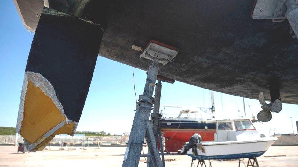 The rudder of a ship damaged by killer whales while sailing in the Strait of Gibraltar. The vessel is on dry land, propped up on supports. In the background we can see other ships that are similarly held in place by metal struts. We can see the underside of the ship and the dark blue rudder, which sticks out from underneath, has a visible tear, revealing a second yellow layer underneath.