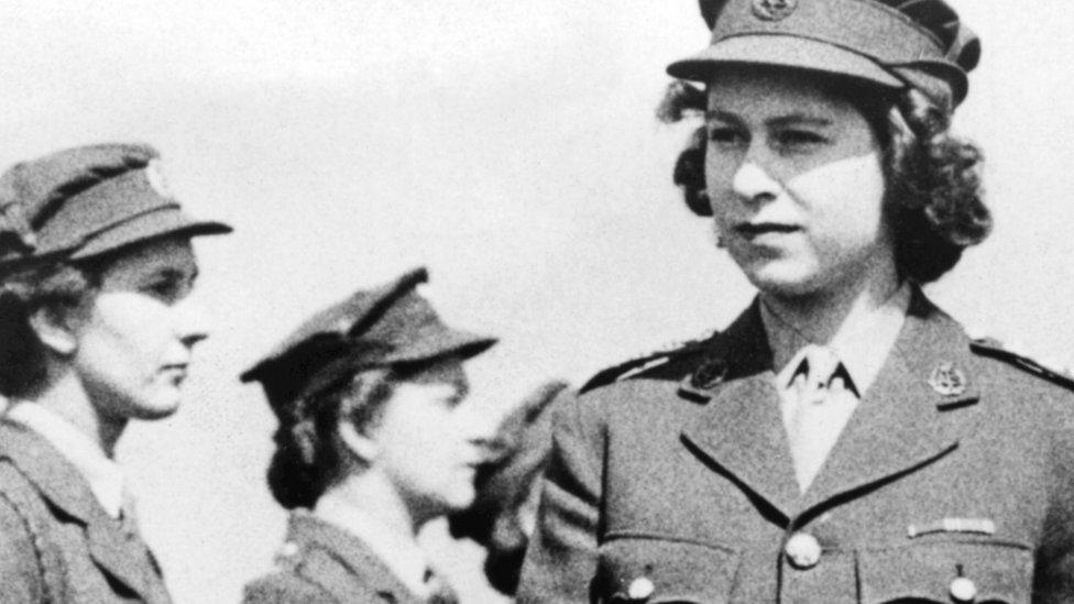 Princess Elizabeth as Junior Commander in the ATS inspecting The Motor Transport Training Centre