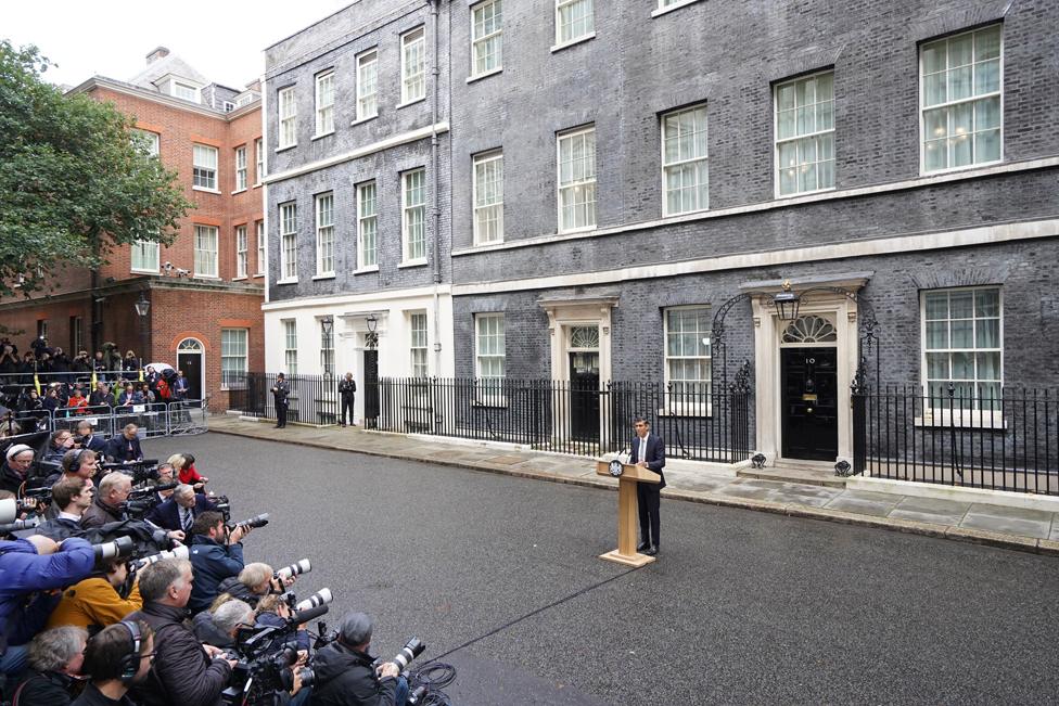 Rishi Sunak makes a speech outside 10 Downing Street, London, after meeting King Charles III and accepting his invitation to become Prime Minister and form a new government on 25 October 2022