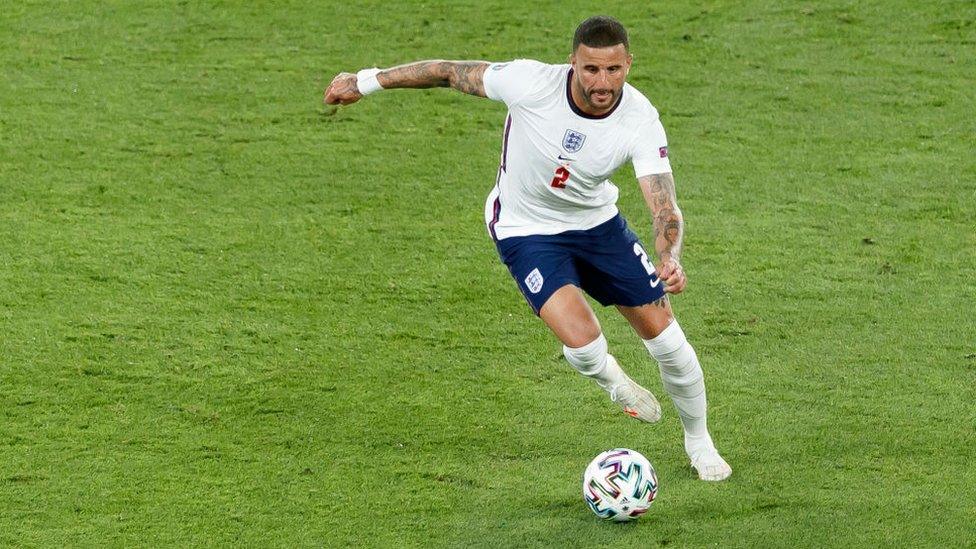 Kyle Walker during the UEFA Euro 2020 Championship Quarter-final match between Ukraine and England at Olimpico Stadium on July 3, 2021 in Rome, Italy.