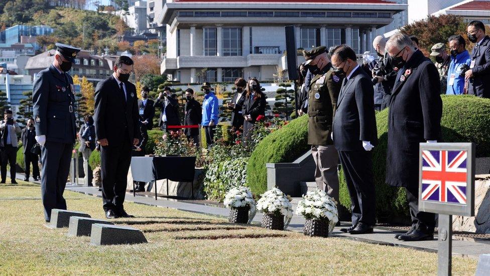 The remains of three British soldiers found close to where the Battle of Imjin River was fought were laid to rest at a ceremony in South Korea on Remembrance Day