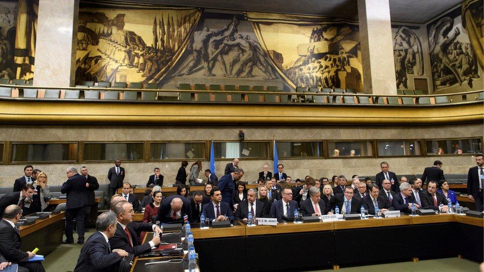 Delegates participate in the Council Chamber on the opening of the Conference on Cyprus, on the sideline of the Cyprus Peace Talks, at the European headquarters of the United Nations in Geneva, Switzerland, January 12, 2017