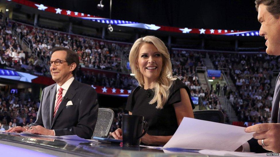 Fox News moderators Chris Wallace, Megyn Kelly and Brett Baier. 6 Aug 2015