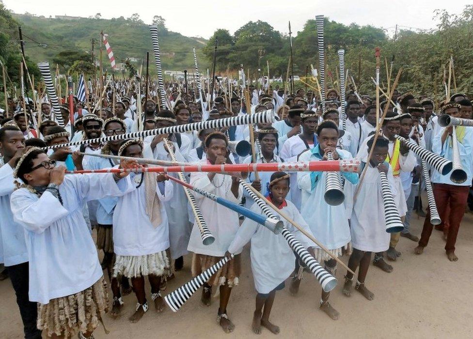 Devotees blow the traditional trumpets as 50,000 followers of the Nazareth Baptist Church, also known as the Shembe Church leave, their church in Ebuhleni, 45kms, north of Durban, for a three-day walk to reach the Canaan Holy Mountain in Ndwedwe on January 3, 2016