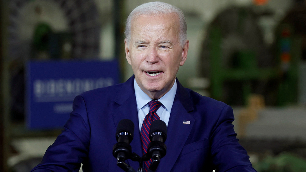 US President Joe Biden speaking at Auburn Manufacturing in Maine on 28 July