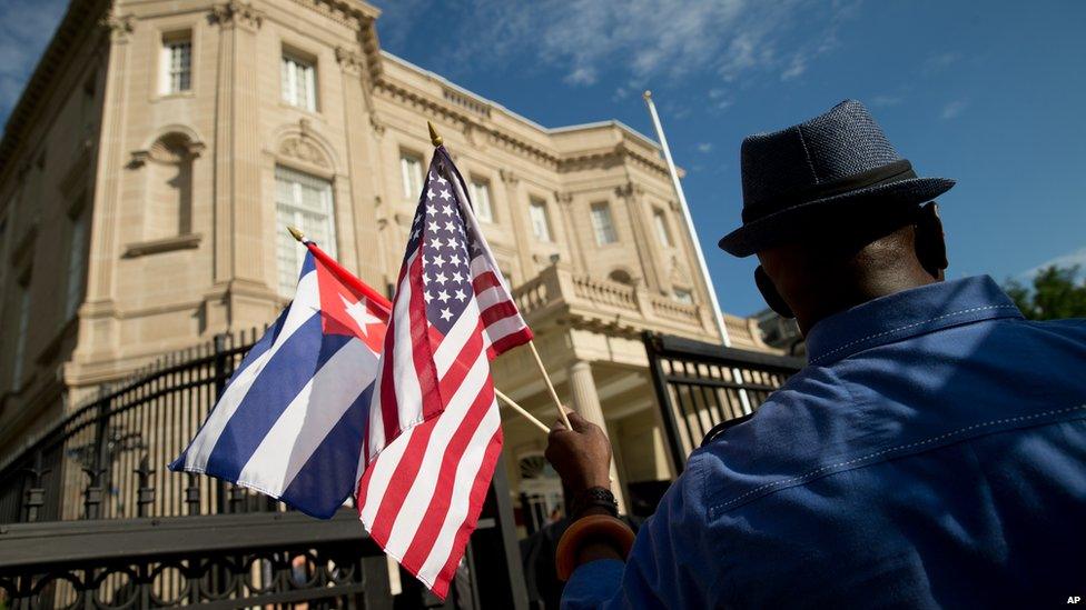 A man holding a Cuban and an American flag outside the Cuban embassy in Washington