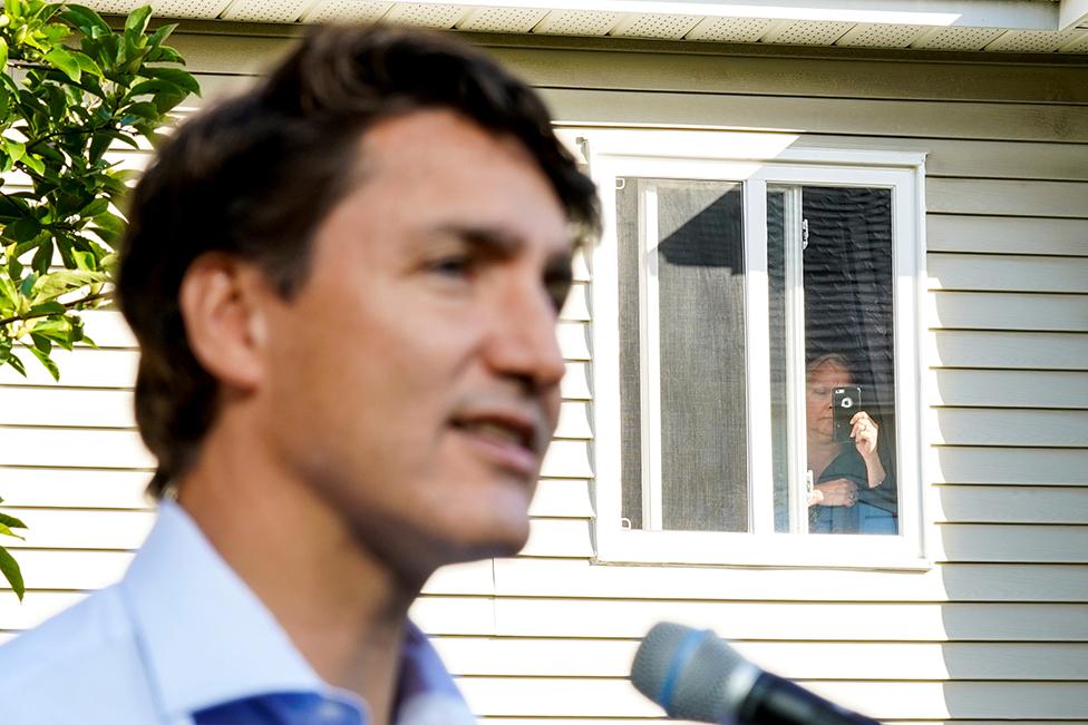 Canada's Prime Minister Justin Trudeau speaks during an election campaign stop in Aurora, Ontario.