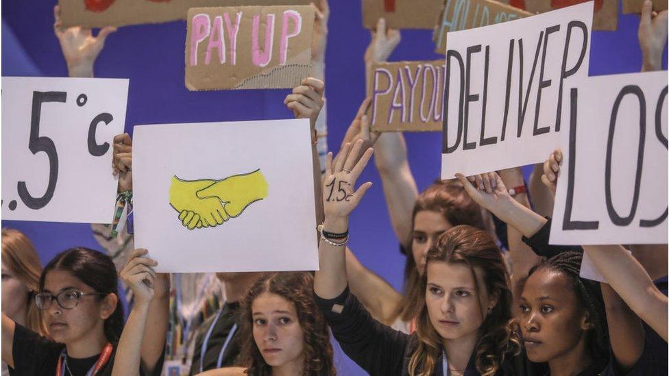 Climate activists held demonstration in front of International Convention Center to protest the negative effects of climate change, as the UN climate summit COP27 continues in Sharm el-Sheikh, Egypt on November 19, 2022.