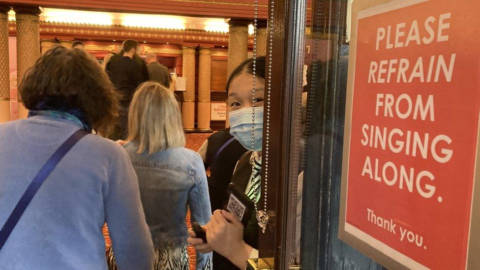 Sign asking audience members not to sing along during The Bodyguard at Manchester Palace theatre