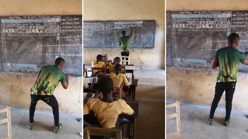 A three-part composite image shows a man putting the finishing touches to an illustration on a blackboard: it is the interface for Microsoft's Word programme, with each main function labelled. In the centre image of the composite, his students can be seen taking notes on paper.