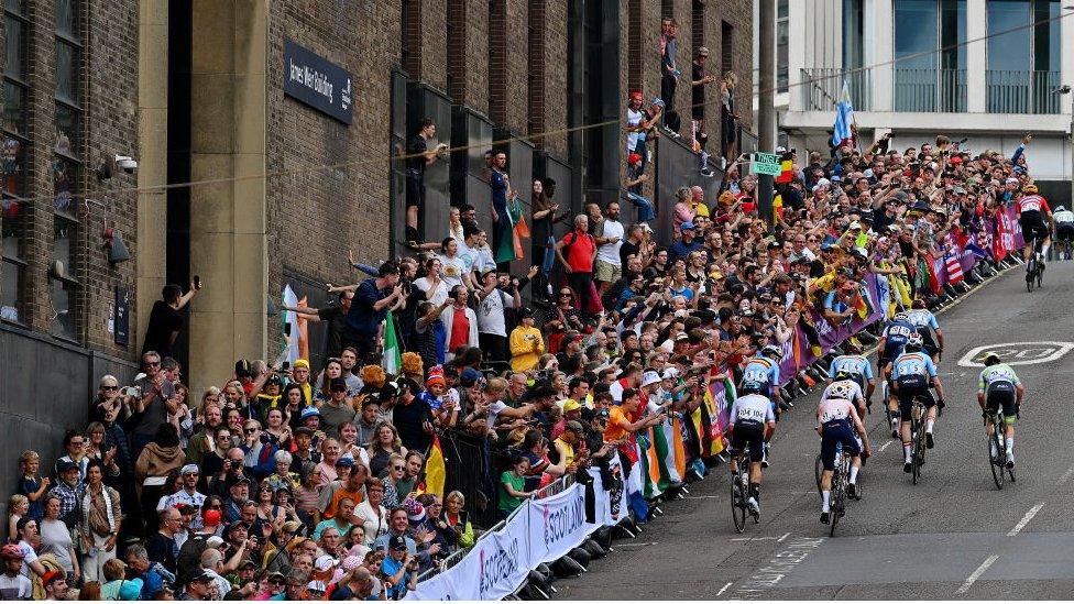 A general view of John Degenkolb of Germany, Tiesj Benoot of Belgium, Jasper Stuyven of Belgium, Nathan Van Hooydonck of Belgium, Benoît Cosnefroy of France, Remco Evenepoel of Belgium, Simon Clarke of Australia compete during the 96th UCI Cycling World Championships Glasgow 2023, Men Elite Road Race a 271.1km one day race from Edinburgh to Glasgow