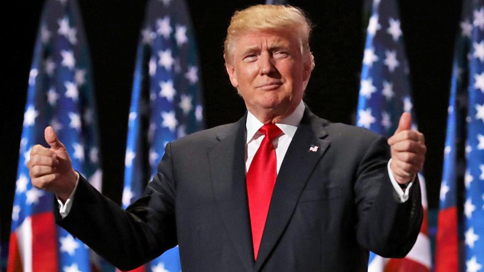 Donald Trump gives two thumbs up to the crowd at the Republican National Convention in Ohio - 21 July 2016