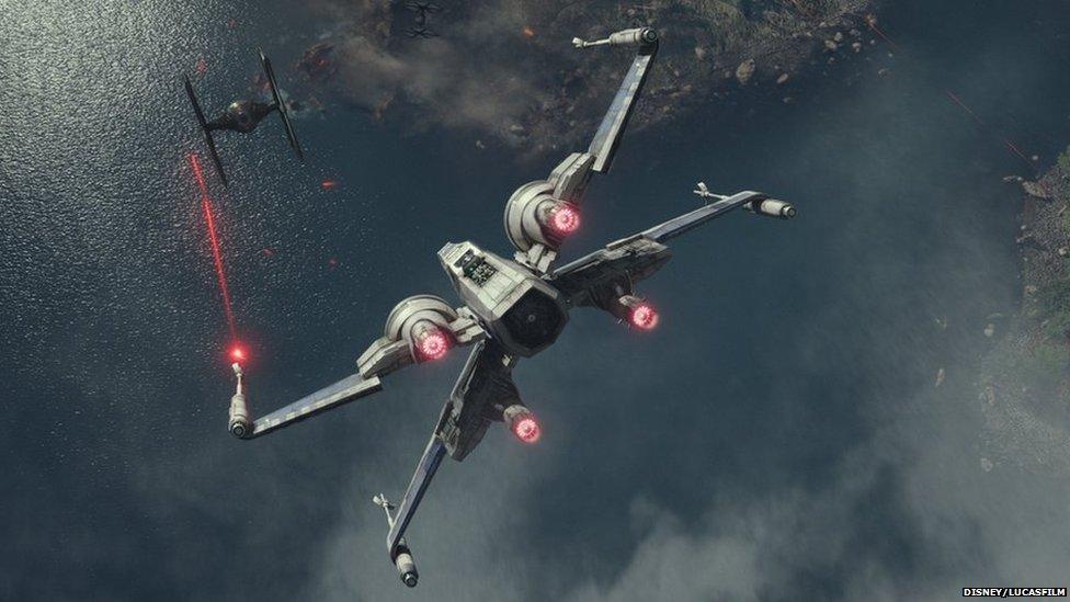 An X-Wing fighter taken from a scene from Star Wars: The Force Awakens