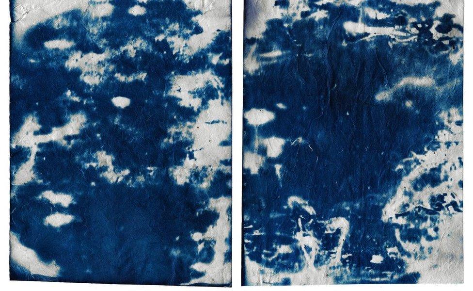 A cyanotype image by Marina Vitaglione showing an air pollution sample from a rooftop at King's College in London