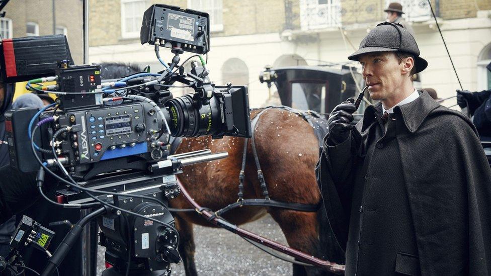 Benedict Cumberbatch filming Sherlock