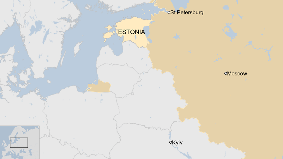 Map showing Estonia and its proximity to Russia and Ukraine