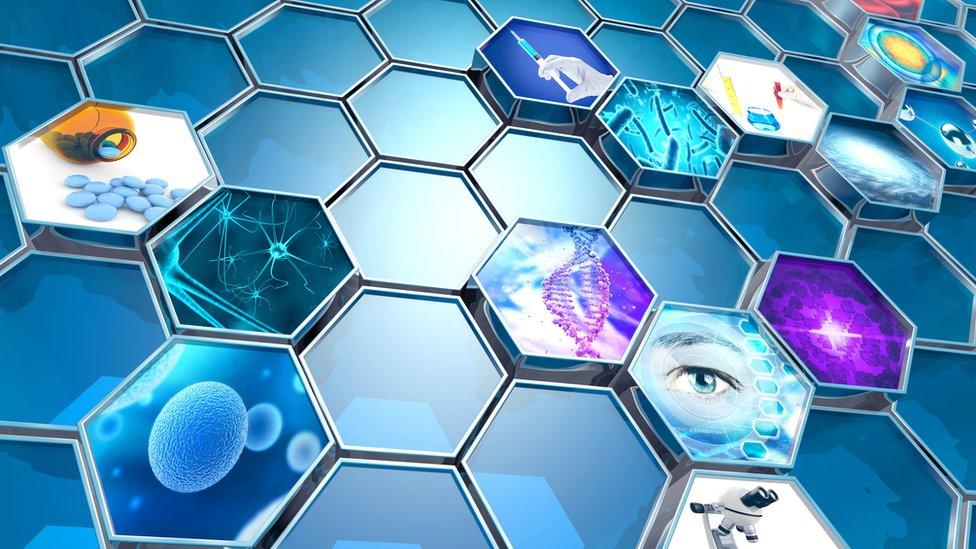 Graphic showing hexagons with representations of different scientific discoveries